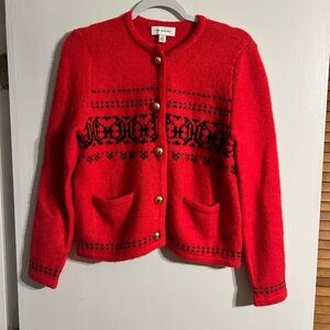 Wool blend Red Cardigan with Gold Buttons and black detailing